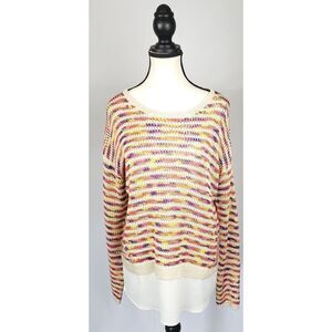 Surkana Sweater colorful striped sweater crew neck size med w/mock shirt tail